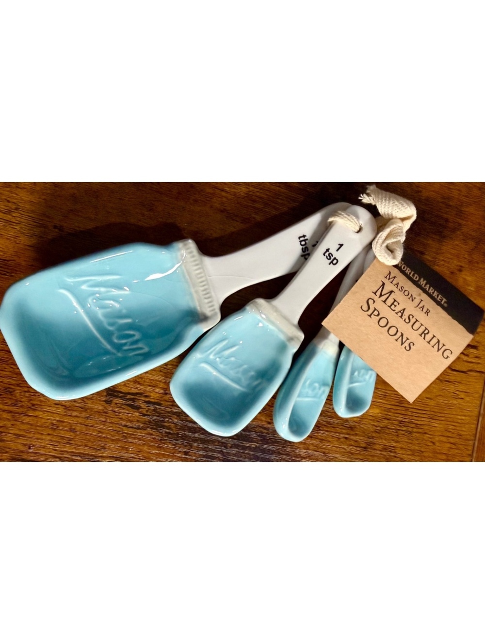 World Market Mason Jar Ceramic Stacking Measuring Spoons Set of 4 Lt. Blue Aqua